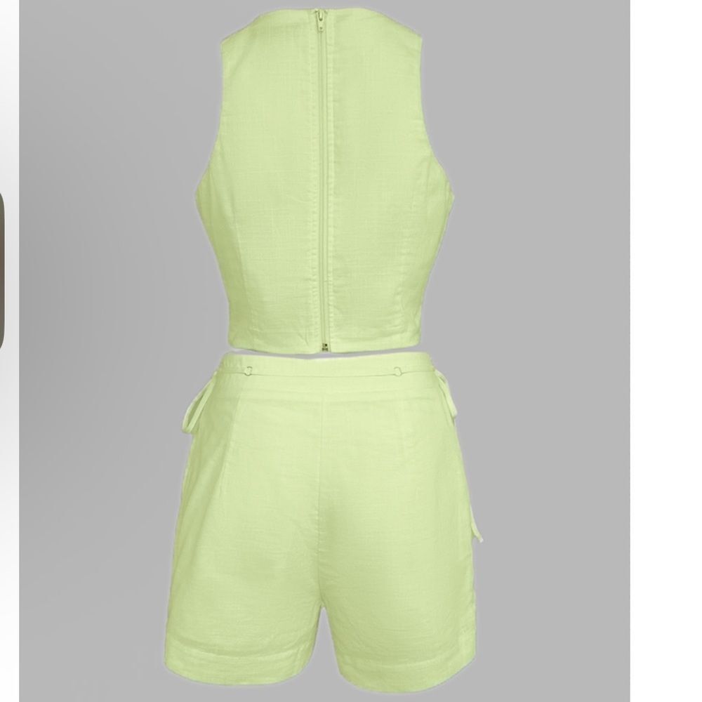 NIP Green Halter Sleeveless Hollow-out Crop Tank Drawstring Short Set Size L - Picture 4 of 5